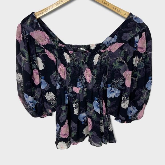 Nicholas 100% Silk Floral Square Neck Smocked Puff Sleeve Blouse Australia Top 6 - Picture 5 of 14